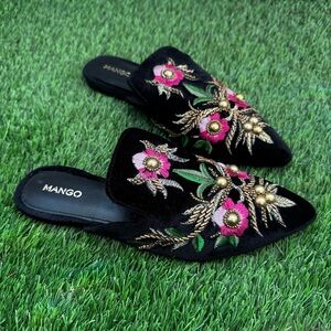 Mango Black Mules with Floral Embroidery